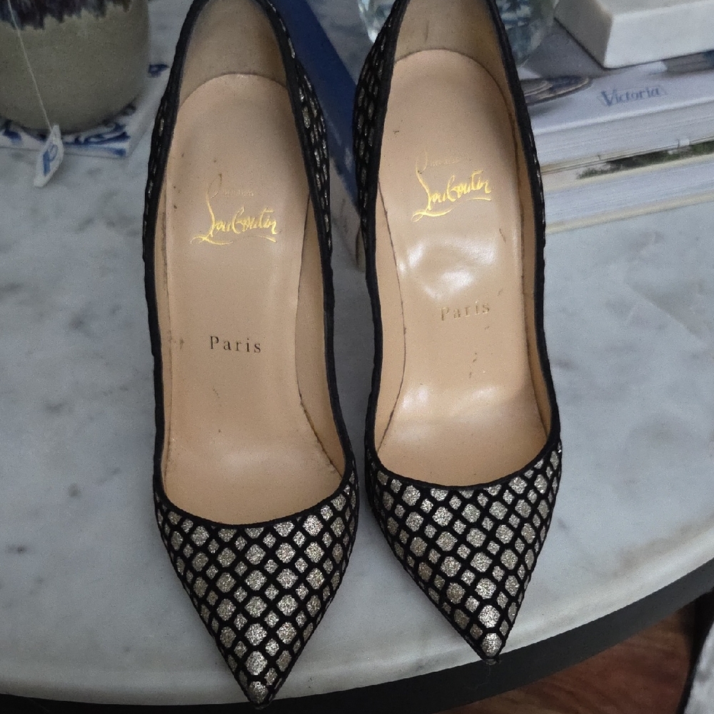 Christian Louboutin Iriza Black and Silver Mesh Heels Sz 37, 4.5 Inch Heel
